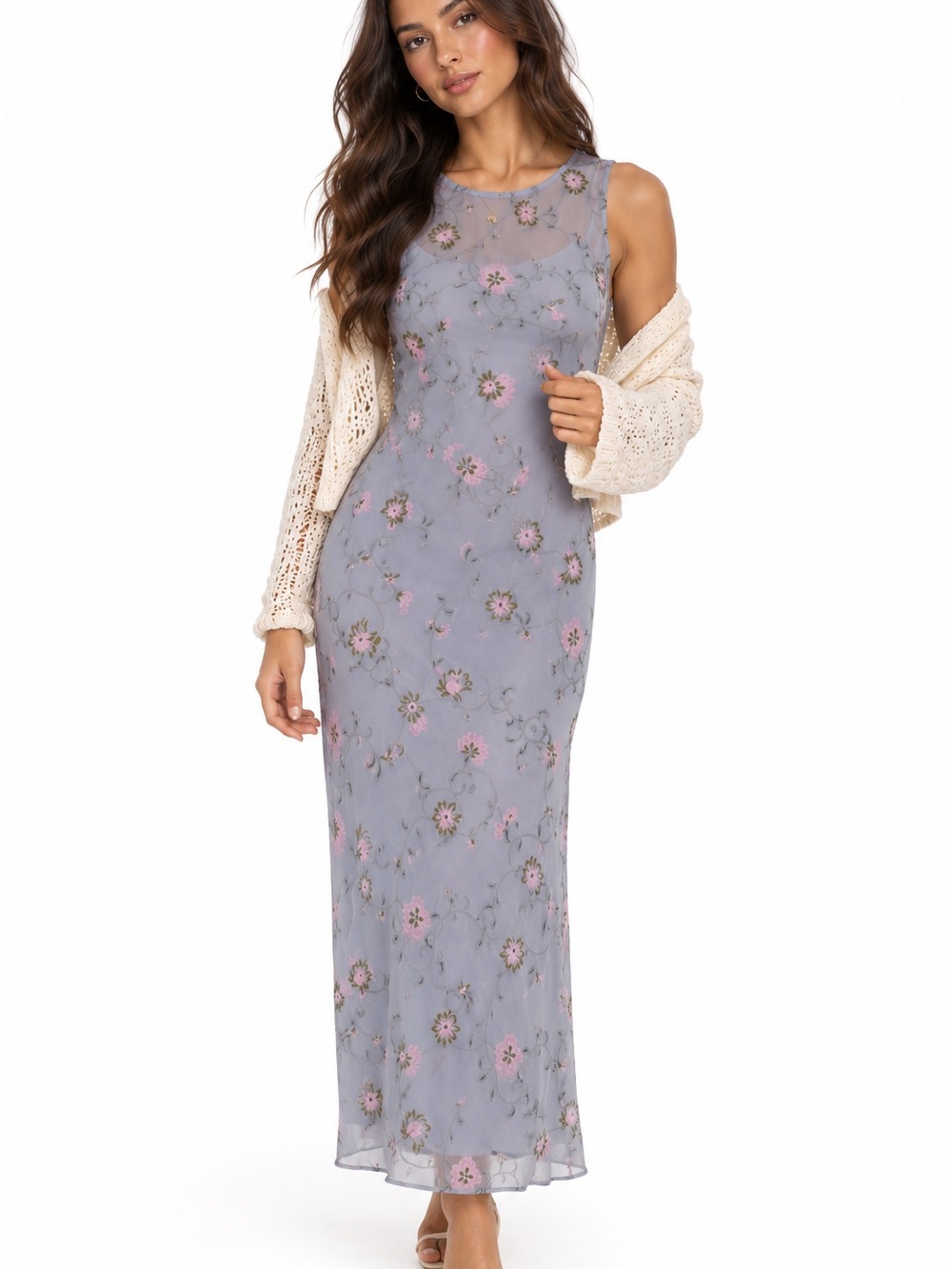 Isabel Fridel Vintage 90s Floral Mesh Midi Dress Fairycore Cottagecore Size 12